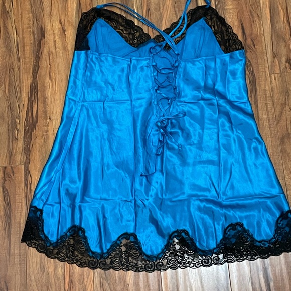 Frederick's of Hollywood Blue Satin Chemise with Black Lace Nightie - Picture 2 of 6